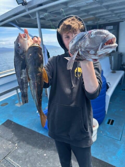 A boy holding up three fish on a boat.